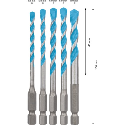Set de 5 brocas EXPERT HEX-9 MultiConstruction de 4/5/6/6/8 mm