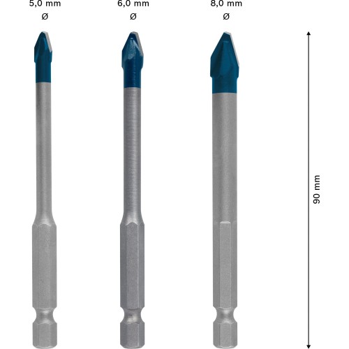Set de brocas EXPERT Hard Ceramic HEX-9, 5 x 90, 6 x 90, 8 x 90 mm, 3 unidades