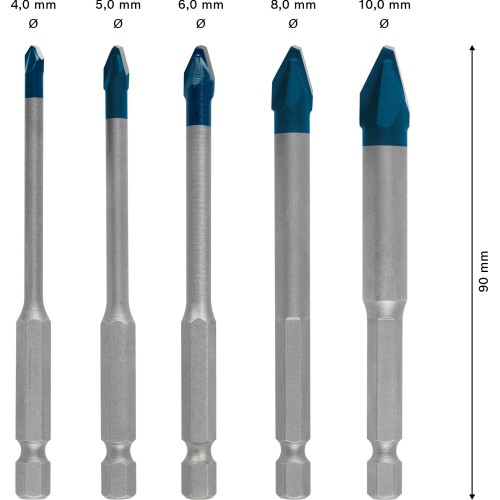 Set de brocas EXPERT HEX-9 Hard Ceramic, 4 x 90; 5 x 90; 6 x 90; 8 x 90; 10 x 90 mm, 5 unidades