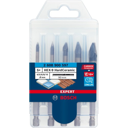 Set de brocas EXPERT HEX-9 Hard Ceramic, 4 x 90; 5 x 90; 6 x 90; 8 x 90; 10 x 90 mm, 5 unidades