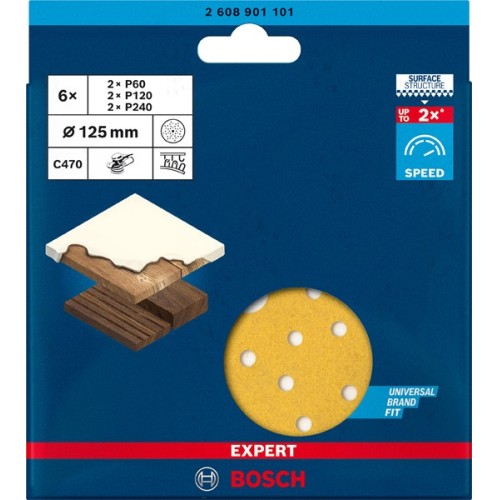Set de papel de lija EXPERT C470 para lijadoras excéntricas de 125 mm, multiperforado, G 60/120/240, 6 unidades