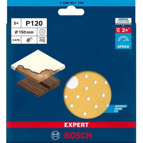 Papel de lija EXPERT C470 multiperforado para lijadoras excéntricas de 150 mm, G 120, 5 unidades