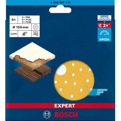 Set de papel de lija EXPERT C470 para lijadoras excéntricas de 150 mm, multiperforado, G 60/120/240, 6 unidades