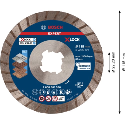 Disco de corte con diamante EXPERT MultiMaterial X-LOCK de 115 x 22,23 x 2,4 x 12 mm
