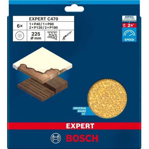 Hoja de lija EXPERT C470 de 225 mm, G 40/80/120/180, 6 unidades