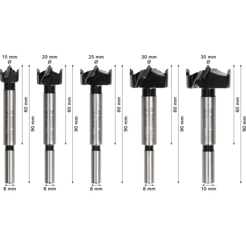 Set de brocas de corte para bisagras EXPERT para madera laminada, 15; 20; 25; 30; 35 x 60 x 90 mm, 5 unidades