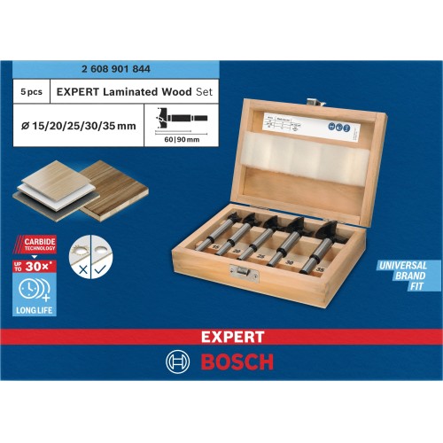 Set de brocas de corte para bisagras EXPERT para madera laminada, 15; 20; 25; 30; 35 x 60 x 90 mm, 5 unidades
