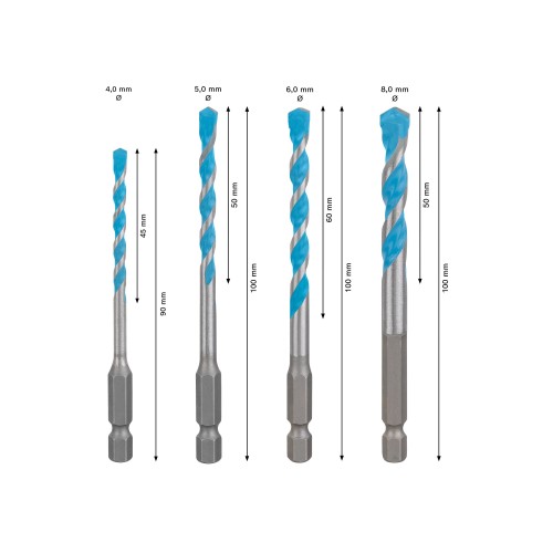 Set de brocas EXPERT HEX-9 Multi Construction, 4 x 45 x 90 mm; 5 x 50 x 100 mm; 6 x 60 x 100 mm; 8 x 50 x 100 mm, 4 unidades