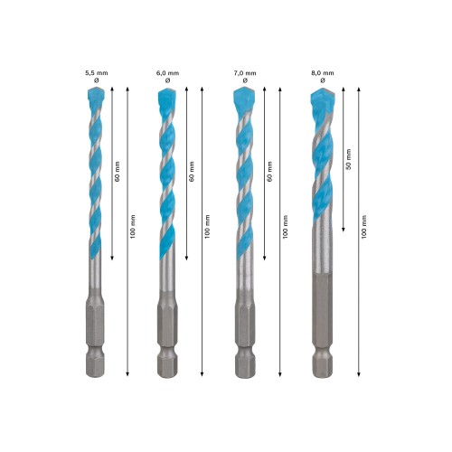 Set de brocas EXPERT HEX-9 Multi Construction, 5,5 x 60 x 100 mm; 6 x 60 x 100 mm; 7 x 60 x 100 m; 8 x 50 x 100 mm, 4 unidades