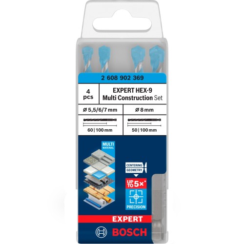 Set de brocas EXPERT HEX-9 Multi Construction, 5,5 x 60 x 100 mm; 6 x 60 x 100 mm; 7 x 60 x 100 m; 8 x 50 x 100 mm, 4 unidades