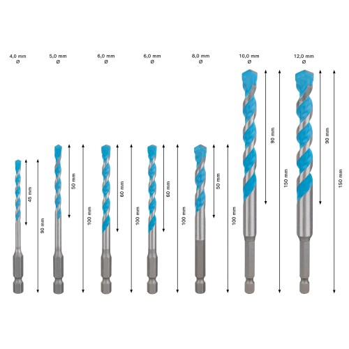 Set de brocas EXPERT HEX-9 Multi Construction, 4 x 45 x 90 mm; 5 x 50 x 100 mm; 6 x 60 x 100 mm; 6 x 60 x 100 mm; 8 x 50 x 100 mm; 10 x 90 x 150 mm; 12 x 90 x 1