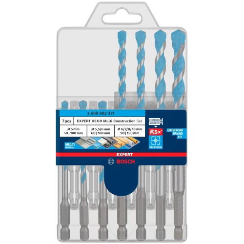 Set de brocas EXPERT HEX-9 Multi Construction, 5 x 50 x 100 mm; 5,5 x 60 x 100 mm; 5 x 60 x 100 mm; 6 x 90 x 150 mm; 7 x 90 x 150 mm; 8 x 90 x 150 mm; 10 x 90 x