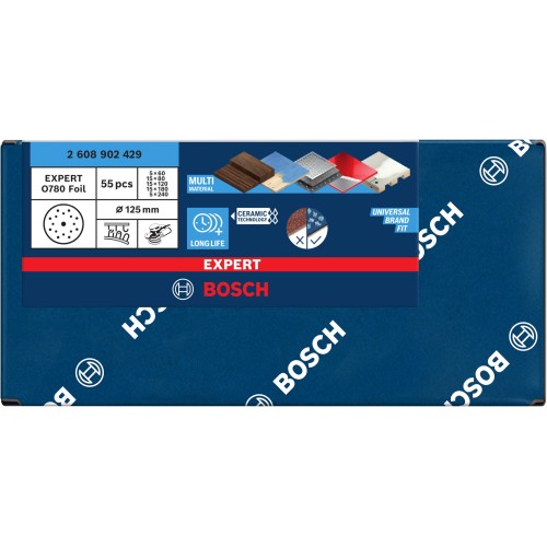 Set de discos de lija para láminas EXPERT O780, 125 mm, G60 (5 uds.); G80 (15 uds.); G120 (15 uds.); G180 (15 uds.); G240 (5 uds.), 55 unidades
