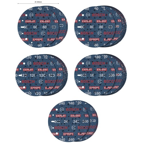 Set de discos de lija para láminas EXPERT O780, 150 mm, G60(5 uds.); G80(15 uds.); G120 (15 uds.); G180 (15 uds.); G240 (5 uds.), 55 unidades