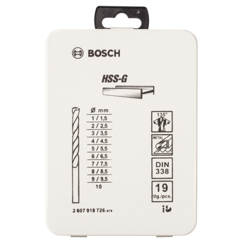 Set de brocas para metal HSS-G, DIN 338, 135°, de 19 unidades, en caja metálica de 1 - 10 mm