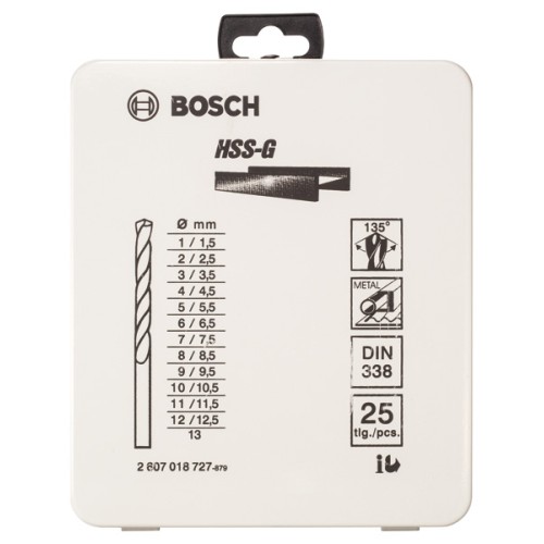 Set de brocas para metal HSS-G, DIN 338, 135°, de 25 unidades, en caja metálica de 1 - 13 mm