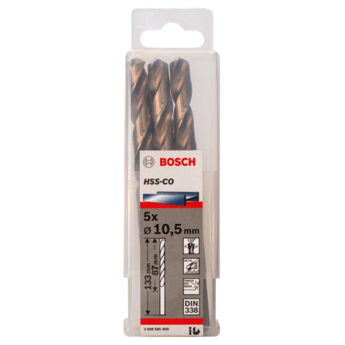 Broca helicoidal PRO Stainless Steel HSS-Co, 10,5 x 87 x 133 mm, 5 unidades