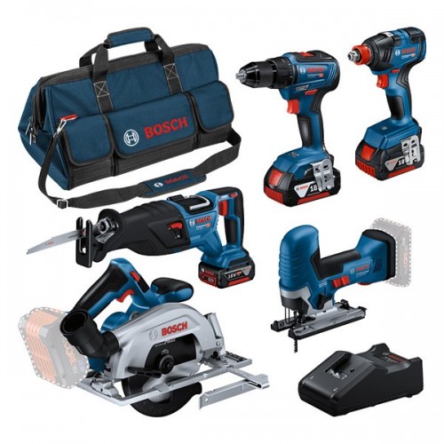Kit combinado Kit de 5 herramientas de 18 V: GSR 18V-55 + GST 18V-125 S + GKS 18V-57-2 + GSA 18V-28 + GDX 18V-200 + 3 GBA 4.0Ah + GAL 18V-40 + Bolsa L (C)