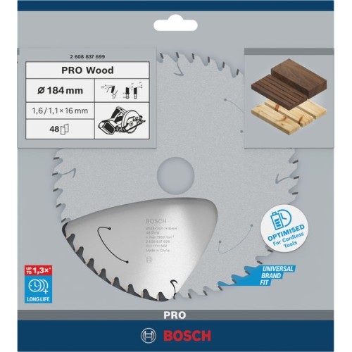 Hoja de sierra circular PRO Wood cordless, 184 x 1,6 x 16 mm, T48