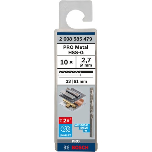 Broca helicoidal PRO Metal HSS-G, longitud estándar, 2,7 x 33 x 61 mm, 10 unidades