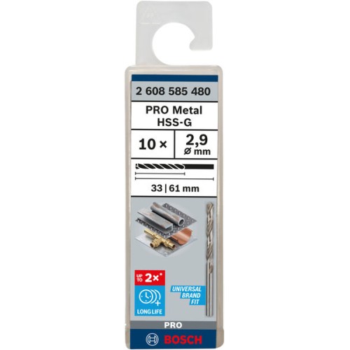 Broca helicoidal PRO Metal HSS-G, longitud estándar, 2,9 x 33 x 61 mm, 10 unidades