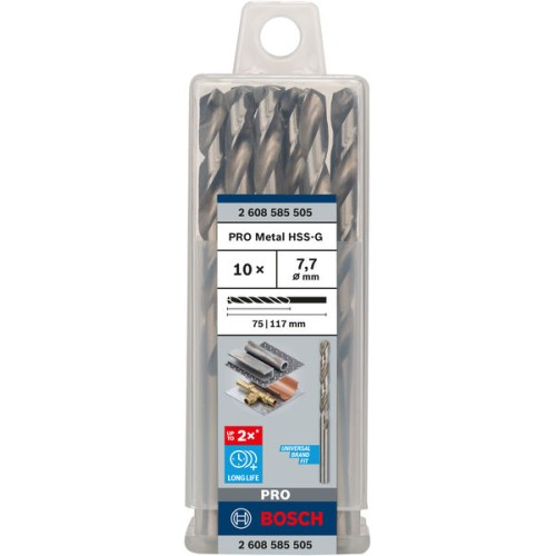 Broca helicoidal PRO Metal HSS-G, longitud estándar, 7,7 x 75 x 117 mm, 10 unidades