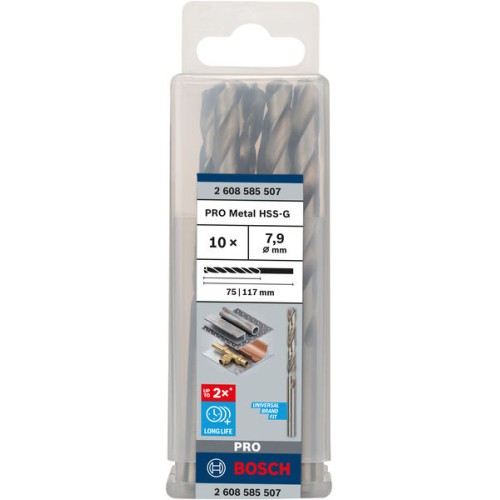 Broca helicoidal PRO Metal HSS-G, longitud estándar, 7,9 x 75 x 117 mm, 10 unidades