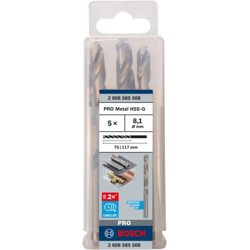 Broca helicoidal PRO Metal HSS-G, longitud estándar, 8,1 x 75 x 117 mm, 5 unidades