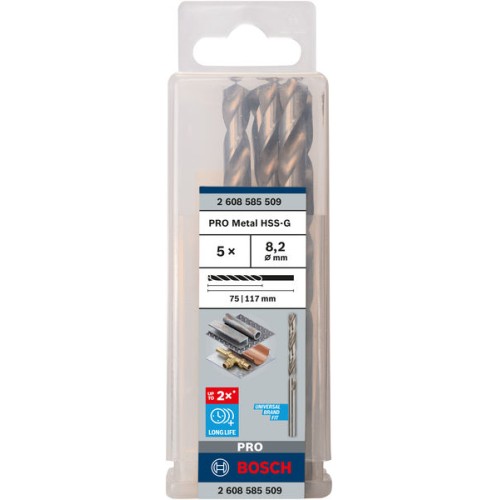 Broca helicoidal PRO Metal HSS-G, longitud estándar, 8,2 x 75 x 117 mm, 5 unidades