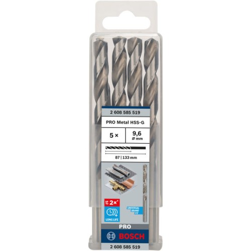 Broca helicoidal PRO Metal HSS-G, longitud estándar, 9,6 x 87 x 133 mm, 5 unidades