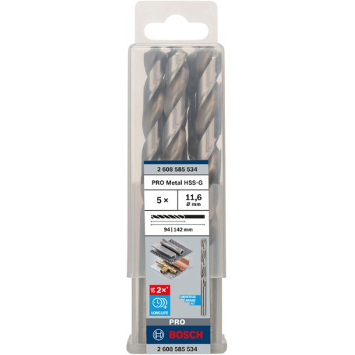 Broca helicoidal PRO Metal HSS-G, longitud estándar, 11,6 x 94 x 142 mm, 5 unidades