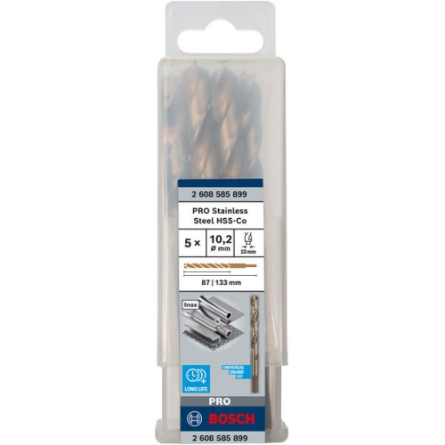 Broca helicoidal PRO Stainless Steel HSS-Co, 10,2 x 87 x 133 mm, 5 unidades
