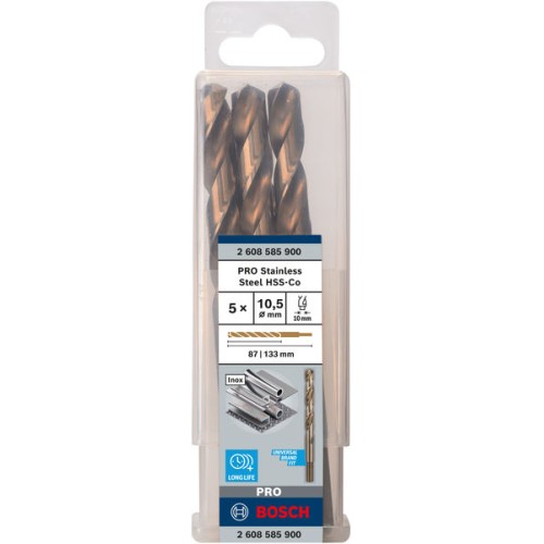 Broca helicoidal PRO Stainless Steel HSS-Co, 10,5 x 87 x 133 mm, 5 unidades