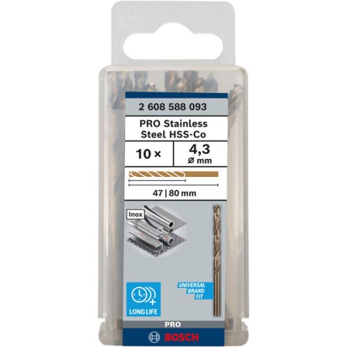 Broca helicoidal PRO Stainless Steel HSS-Co, 4,3 x 47 x 80 mm, 10 unidades