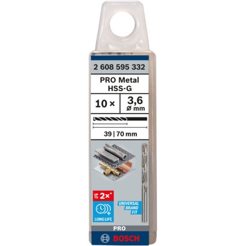 Broca helicoidal PRO Metal HSS-G, longitud estándar, 3,6 x 39 x 70 mm, 10 unidades