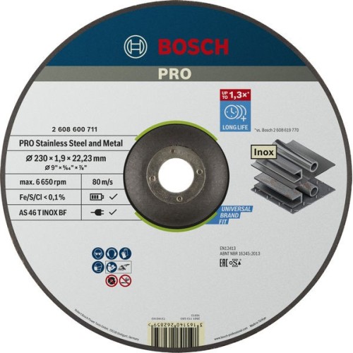 Disco de corte abrasivo PRO Stainless Steel and Metal, 230 x 1,9 x 22,23 mm, cóncavo