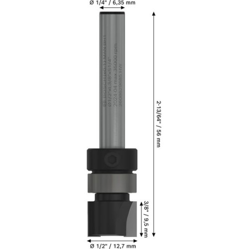 Broca fresadora de recorte al ras PRO con cojinete superior, Ø 1/2" x L 3/8", vástago de 1/4"
