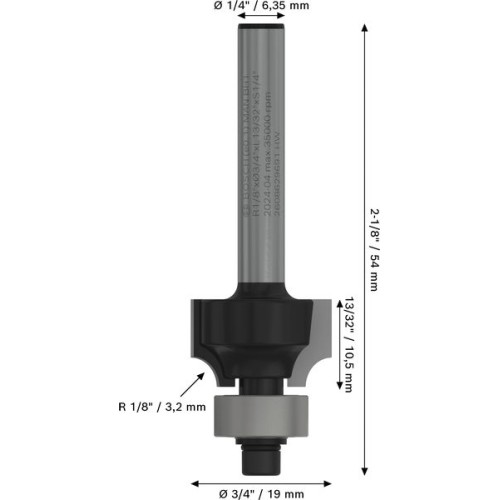 Broca fresadora para redondeo PRO, R 1/8″, vástago de 1/4″