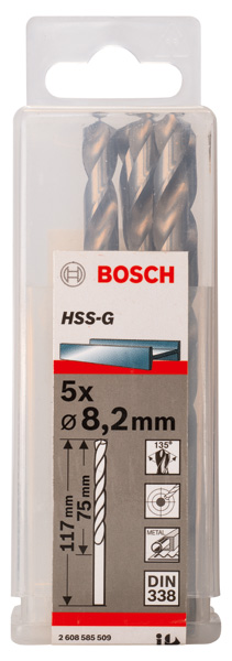 Broca helicoidal PRO Metal HSS-G, longitud estándar, 8,2 x 75 x 117 mm, 5 unidades