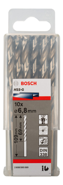 Broca helicoidal PRO Metal HSS-G, longitud estándar, 6,8 x 69 x 109 mm, 10 unidades