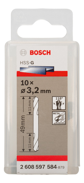Broca helicoidal de doble punta PRO Metal HSS-G, 3,2 x 11 x 49 mm, 10 uds.