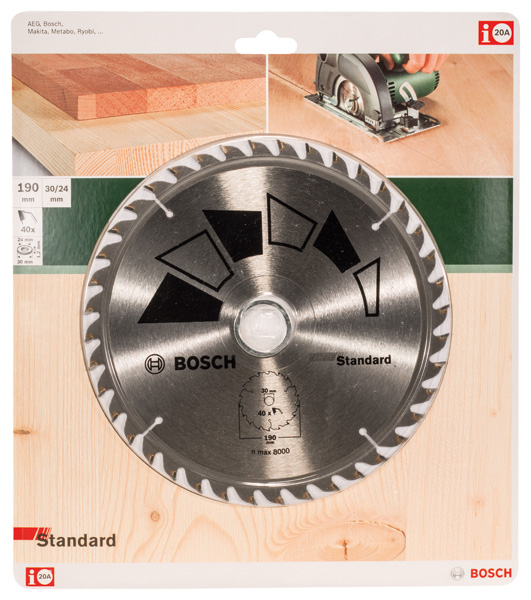 Hoja de sierra circular STANDARDD = 190 mm; taladro= 30 mm; T = 40