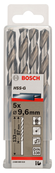 Broca helicoidal PRO Metal HSS-G, longitud estándar, 9,6 x 87 x 133 mm, 5 unidades