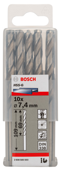 Broca helicoidal PRO Metal HSS-G, longitud estándar, 7,4 x 69 x 109 mm, 5 unidades
