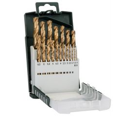 Set de brocas de 19 piezas para metal HSS-TiN, DIN 3381,0; 1,5; 2,0; 2,5; 3,0; 3,5; 4,0; 4,5; 5,0; 5,5; 6,0; 6,5; 7,0; 7,5; 8,0; 8,5; 9,0; 9,5; 10,0 mm