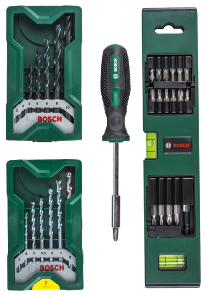 Set de brocas Mini-X-Line, nivel de burbuja, destornillador manual
