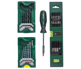 Set de brocas y puntas de atornillar Mini-X-Line con nivel de burbuja y destornillador manual