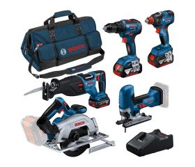 Kit combinado Kit de 5 herramientas de 18 V: GSR 18V-55 + GST 18V-125 S + GKS 18V-57-2 + GSA 18V-28 + GDX 18V-200 + 3 GBA 4.0Ah + GAL 18V-40 + Bolsa L (C)