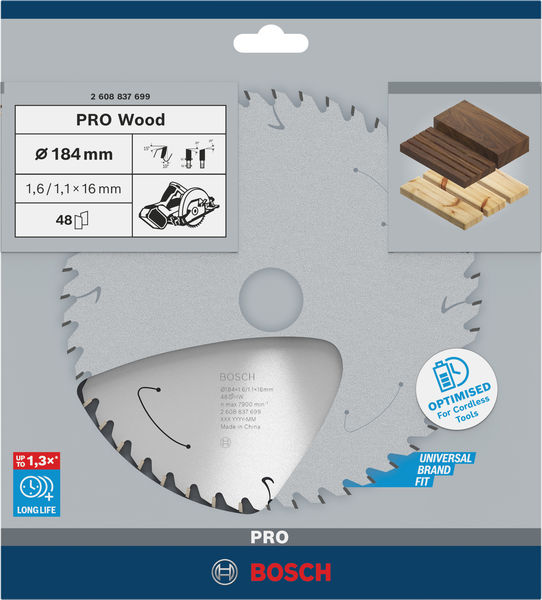 Hoja de sierra circular PRO Wood cordless, 184 x 1,6 x 16 mm, T48
