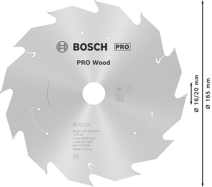Hoja de sierra circular PRO Wood cordless, 165 x 1,5 x 20 mm, T12
